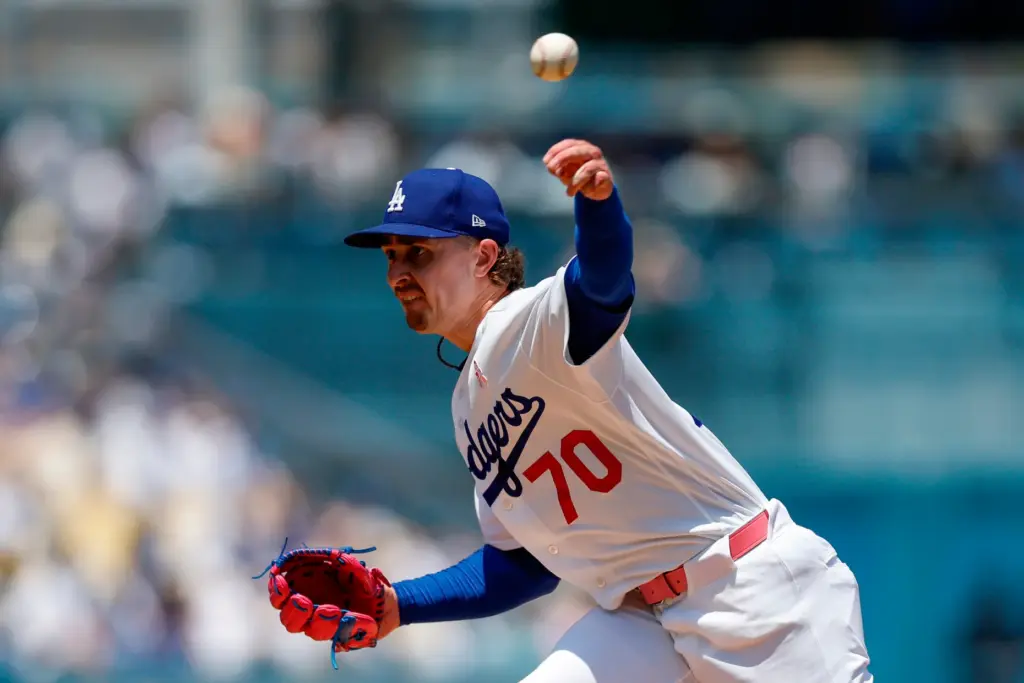 Dodgers starting pitcher Justin Wrobleski delivers to the plate during...