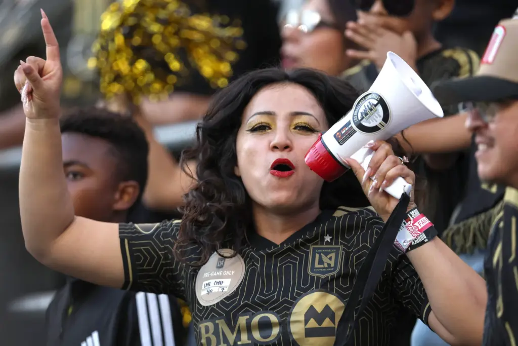 A Los Angeles FC fan cheers during the first half...
