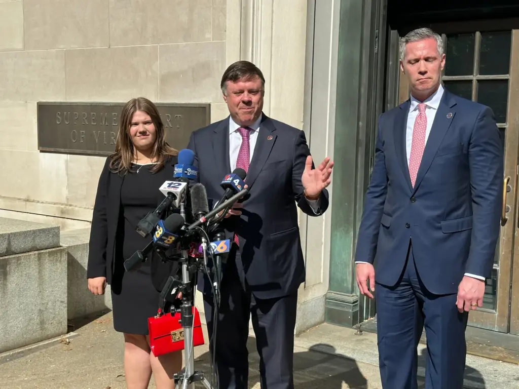 State Senate Minority Leader Ryan McDougle speaks outside the Supreme Court of Virginia.