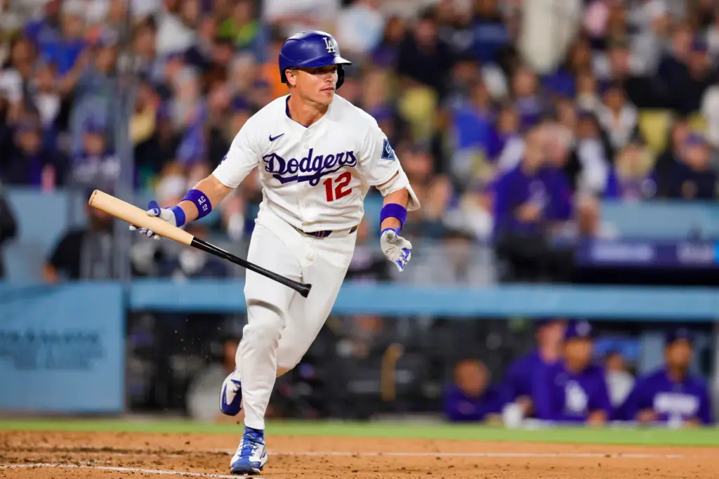 The Dodgers’ Alex Call runs after hitting a pinch-hit two-run...