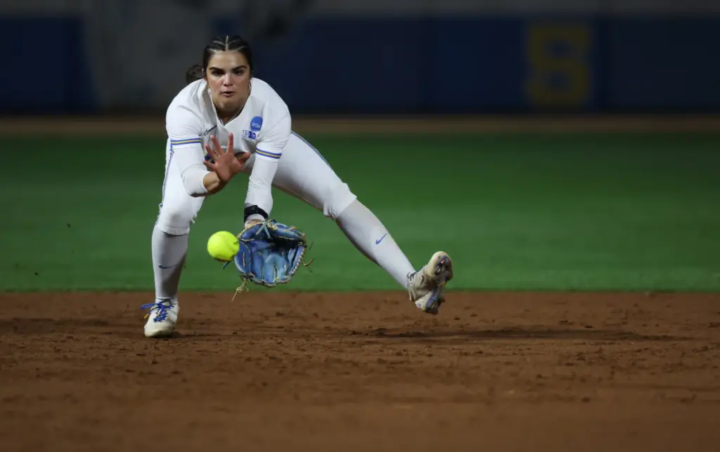 UCLAâs Aleena Garcia fields a ground ball during their NCAA...