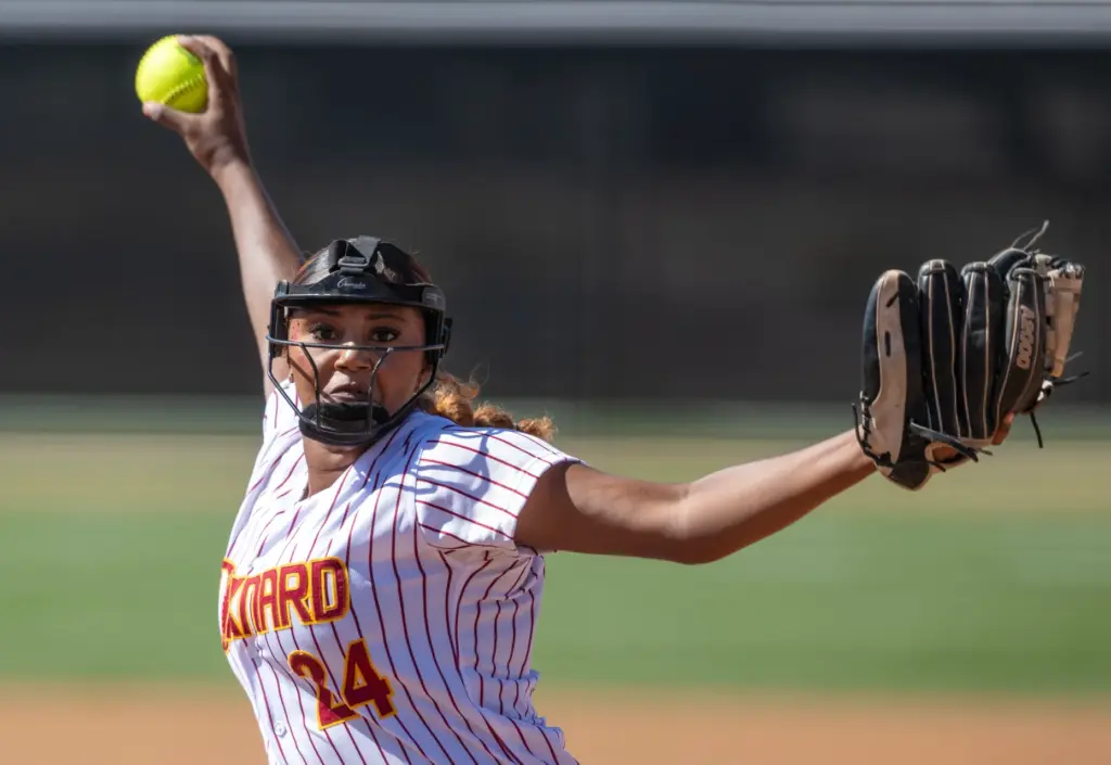 Oxnard pitcher Destinee Herrera throws to home plate during the...
