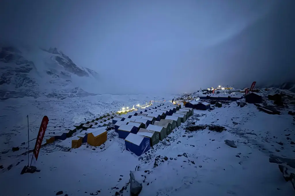 Snow covers tents during a period of inclement weather at the Everest Base Camp.