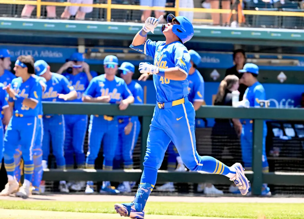 Cashel Dugger #40 of the UCLA Bruins reacts after a...