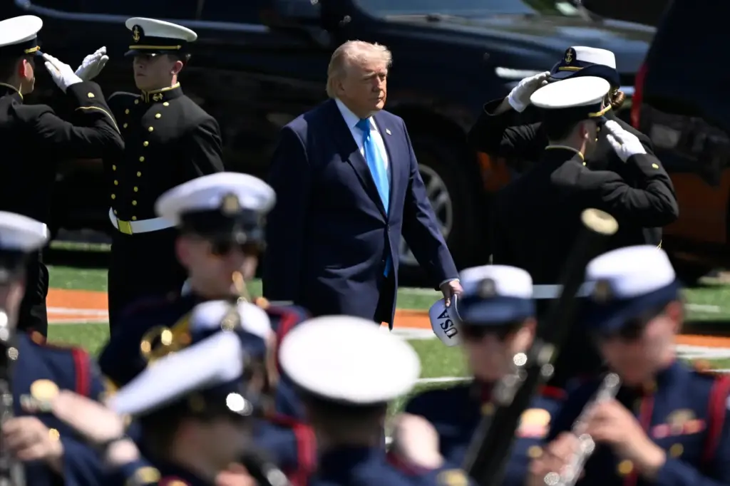 President Donald Trump arrives for the commencement address at the...