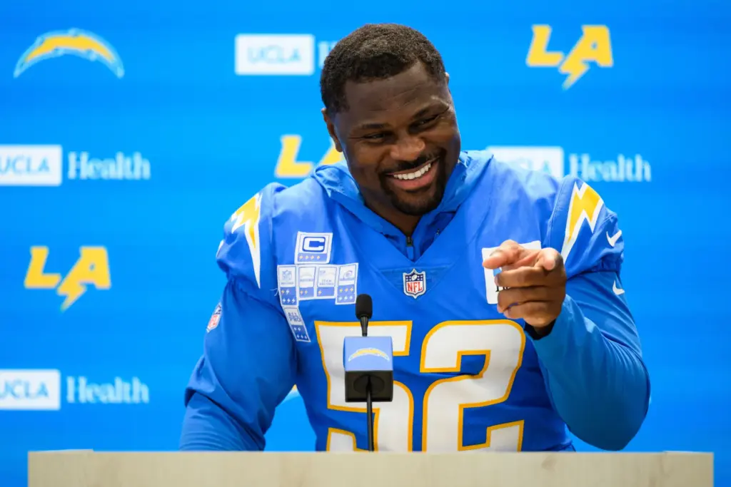 Chargers linebacker Khalil Mack speaks to reporters after the team’s...