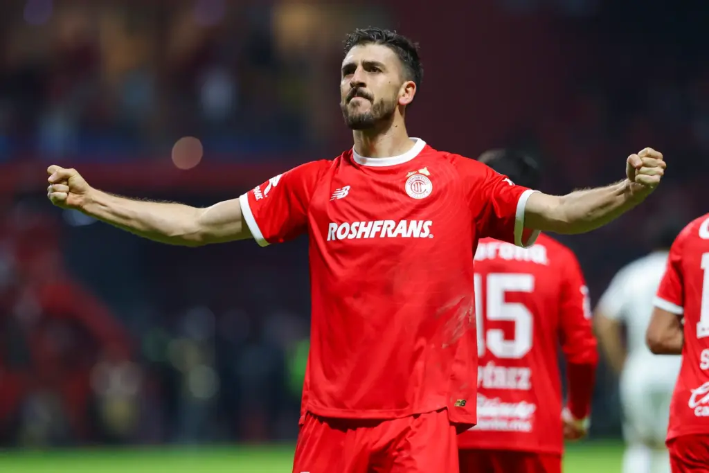 Toluca FC’s Joao Dias Paulinho celebrates after scoring his team’s...