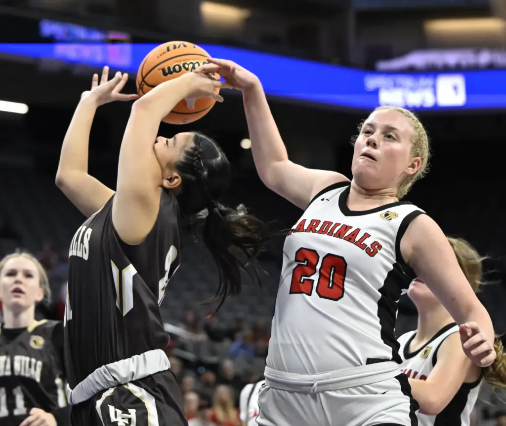 Siena Sorbello #20 of Woodland Christian blocks a shot by...