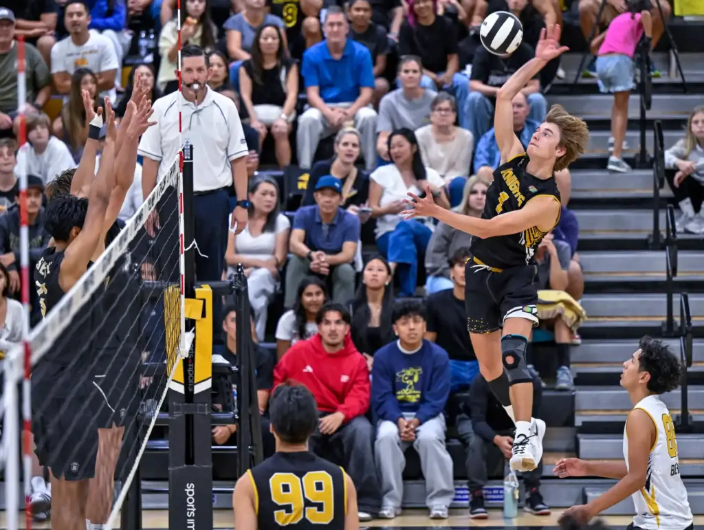 Foothill outside hitter Jonah Van lersel hits the ball during...