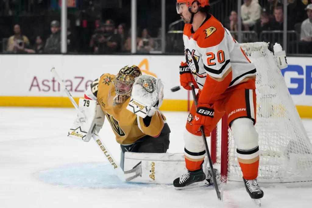 Vegas Golden Knights goaltender Carter Hart (79) attempts to stop...