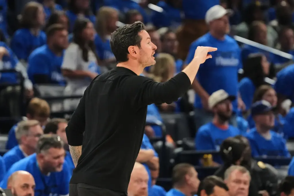 Lakers head coach JJ Redick reacts to a play Injured...