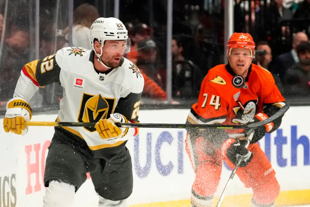 Vegas Golden Knights right wing Cole Smith, left, and Ducks...