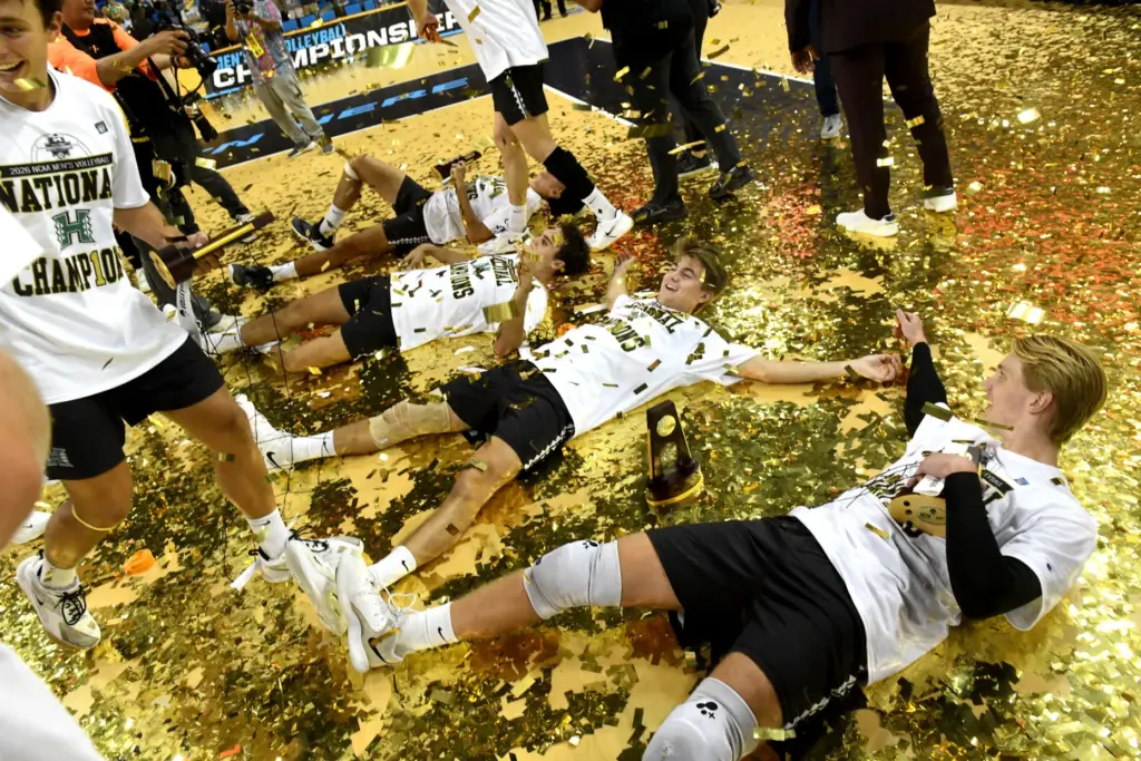 Hawaii players celebrate after defeating UC Irvine in the NCAA...