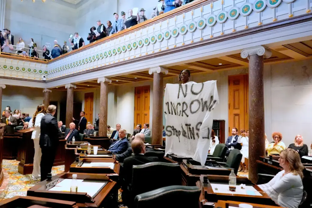 Sen. Charlane Oliver, D-Nashville, holds a banner and protests atop her desk.