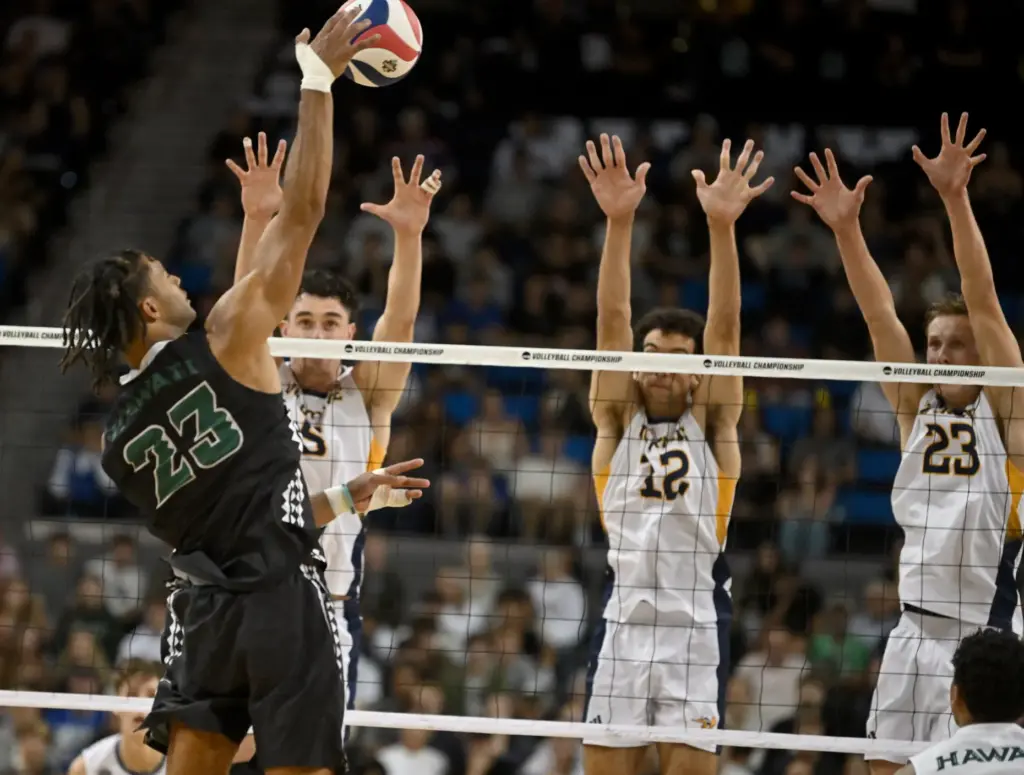 Hawaiiâs Louis Sakanoko spikes the ball during the NCAA men’s...