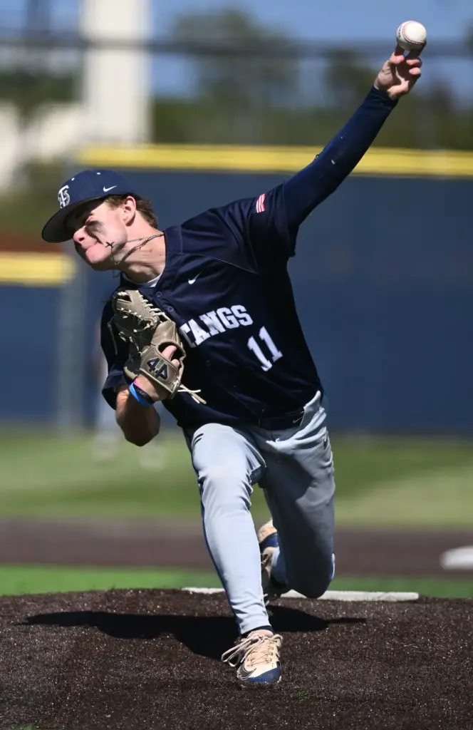Brady Meade (11) of Trabuco Hills pitches against Newport Harbor...