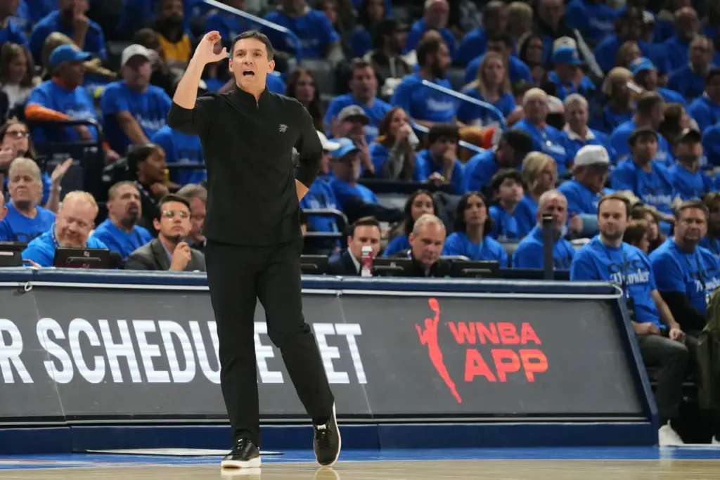 Oklahoma City Thunder head coach Mark Daigneault reacts to a...