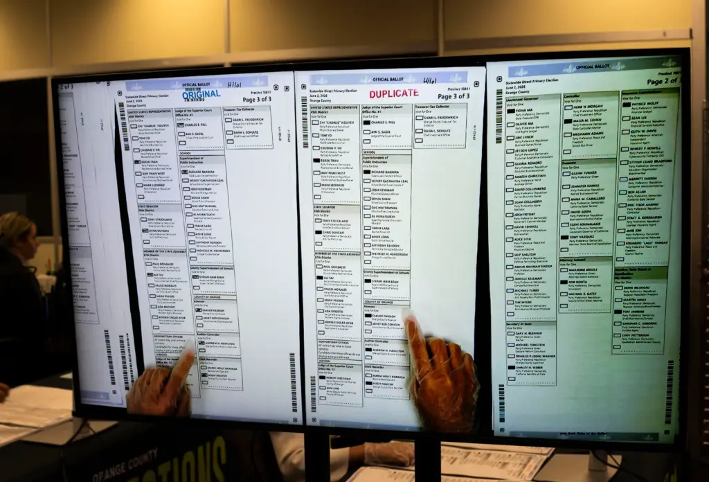 People work in ballot duplication at the Orange County Registrar...