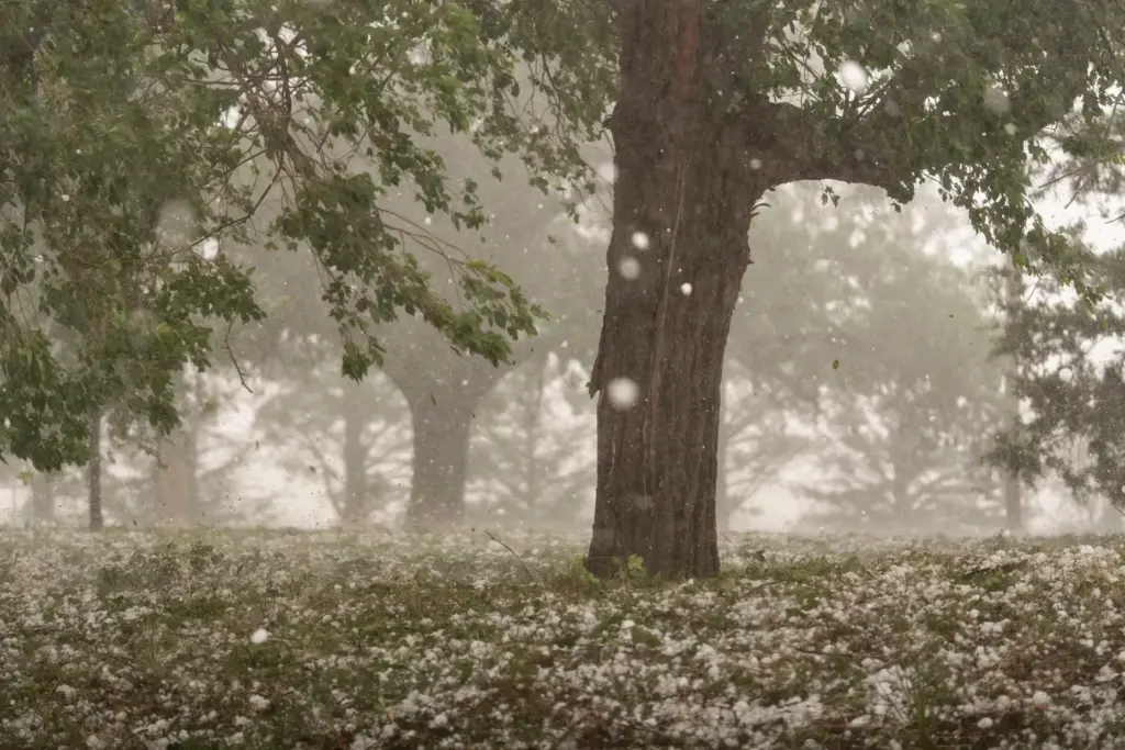 A hailstorm is visible