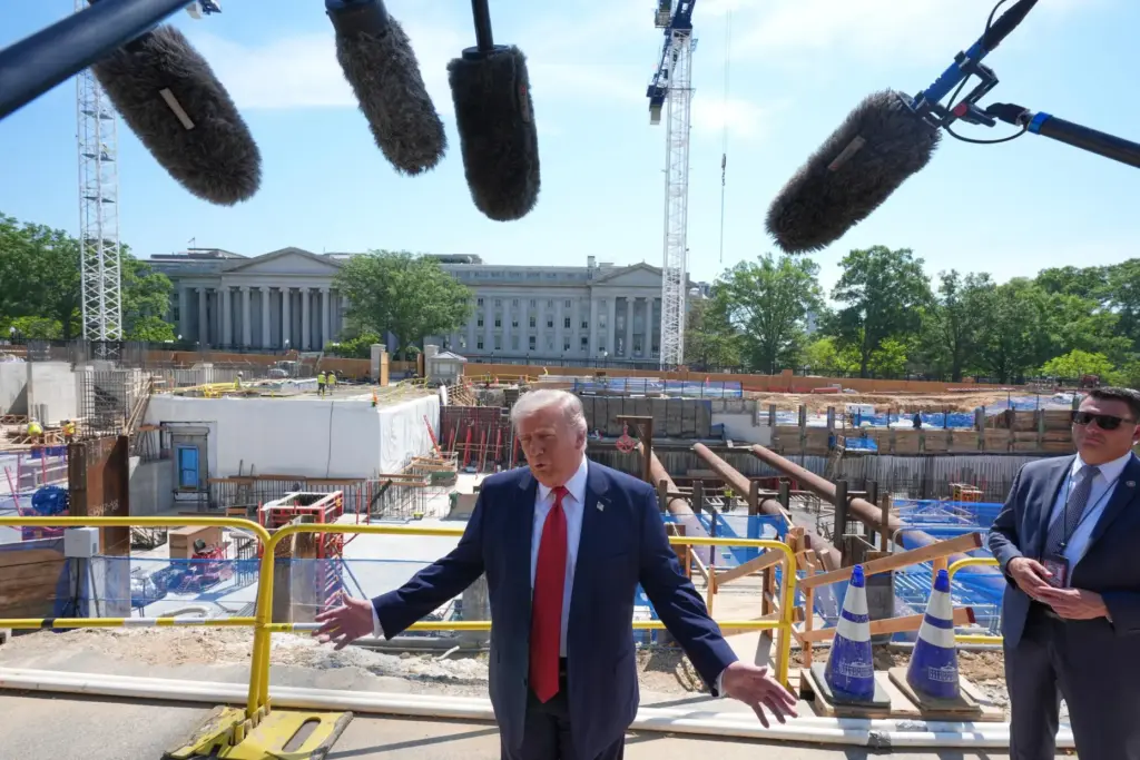 President Donald Trump tours Ballroom construction around the outside the...