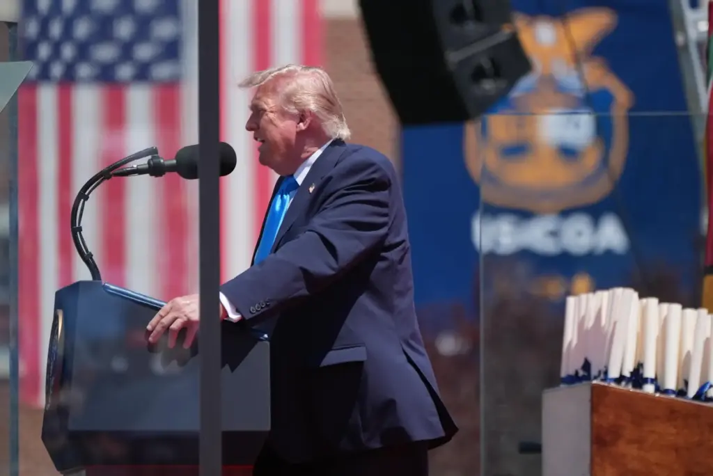 President Donald Trump speaks during the commencement address at the...