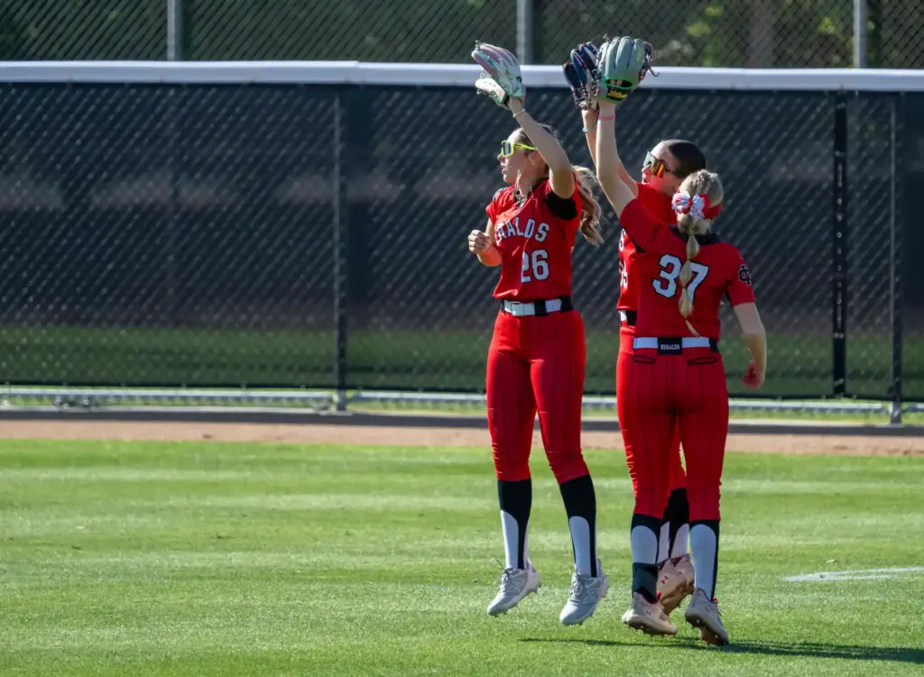 Whittier Christian outfielders Bella Perez, Ali Plimpton and Savannah Berry,...