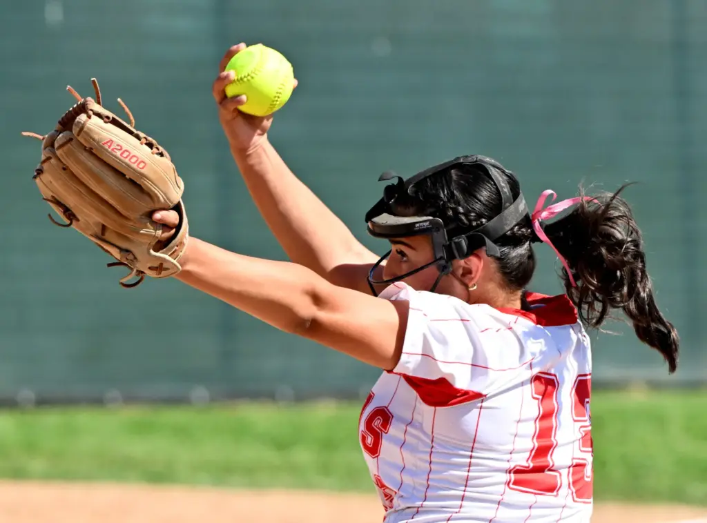 Starting pitcher pitcher Sofia Gonzalez #13 of the Whittier Christian...