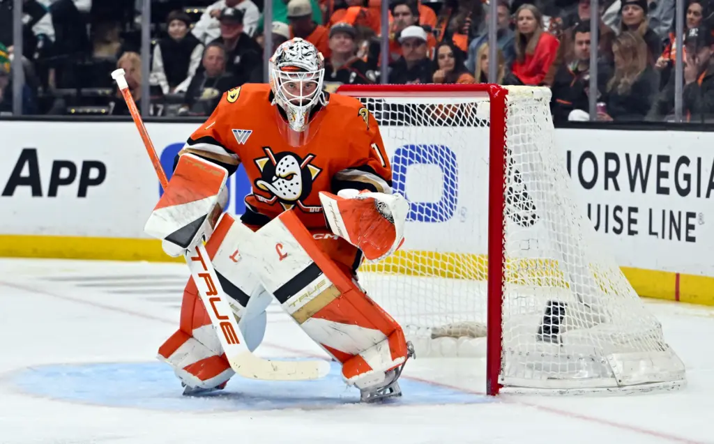 Ducksâ goalie Lukas Dostal (1) against the Vegas Golden Knights...