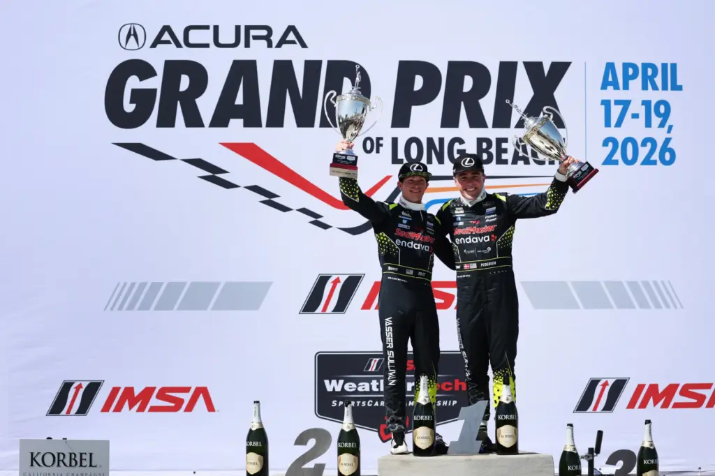 Vasser Sullivan Racing drivers, Aaron Telitz, left, and Benjamin Pedersen,...