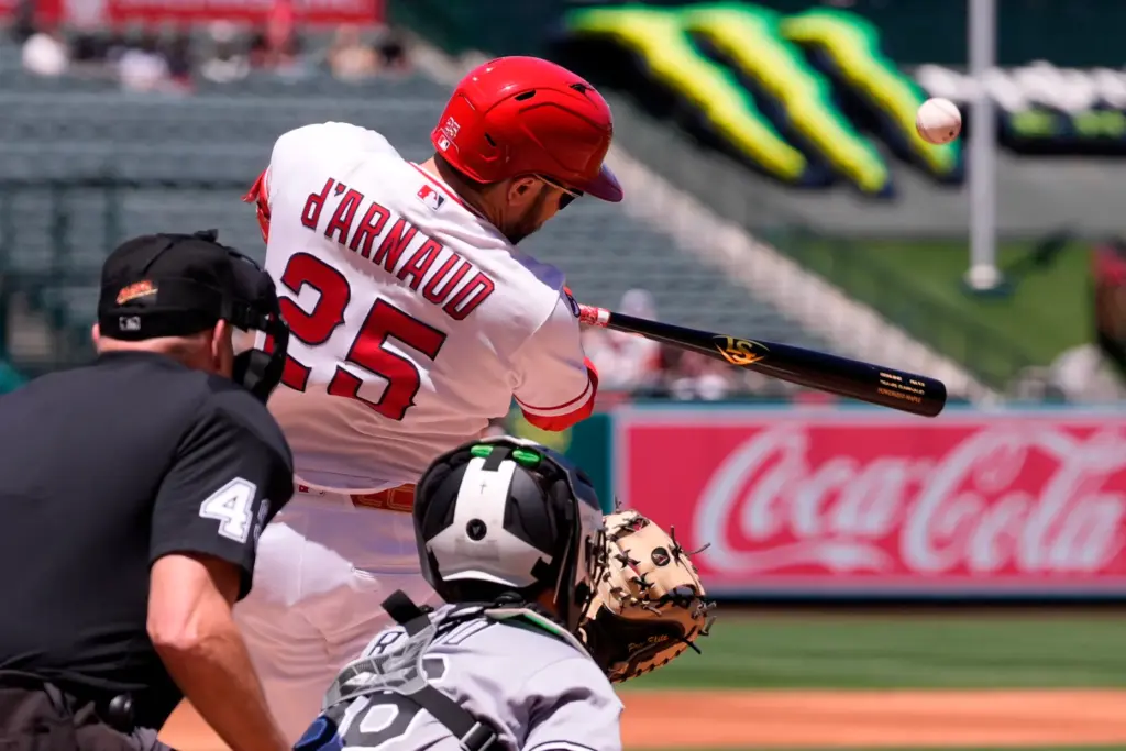 The Angels’ Travis D’Arnaud hits a three-run home run during...