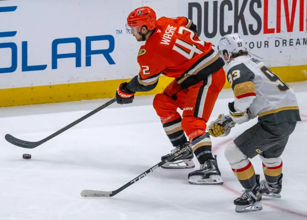 The Ducksâ Tim Washe, left, controls the puck as the...