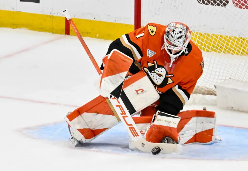 Ducks goaltender Lukas Dostal stops the puck during Game 6...