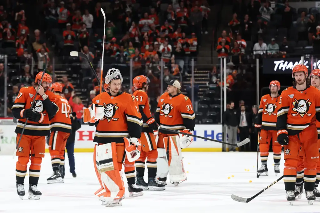 Ducks players show their frustration after a 5-1 loss to...