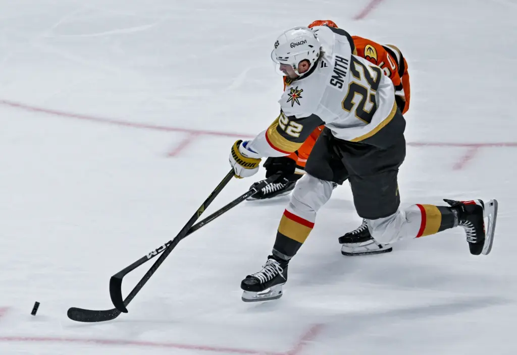 The Vegas Golden Knightsâ Cole Smith (22) takes a shot...