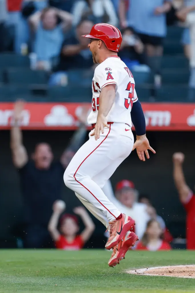 The Angels’ Donovan Walton (35) reacts after scoring on a...