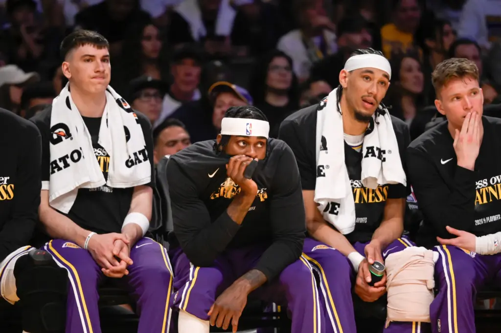From left, the Lakers’ Jake LaRavia, Jarred Vanderbilt, Jaxson Hayes...