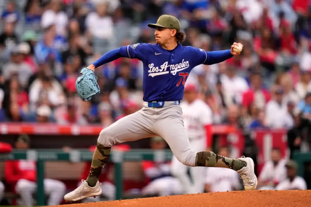 Dodgers pitcher Justin Wrobleski throws to the plate during the...