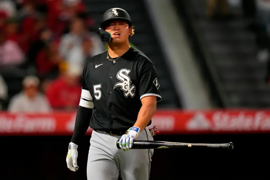 Chicago White Sox slugger Munetaka Murakami walks back to the...