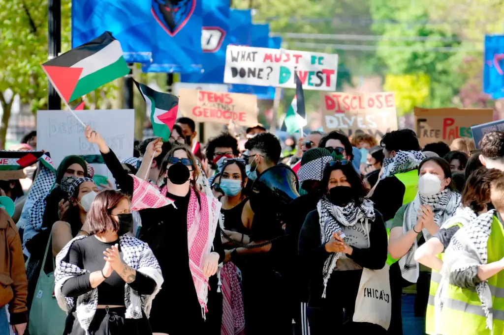 FILE- Pro-Palestinian protesters demonstrate on the campus of DePaul University,...