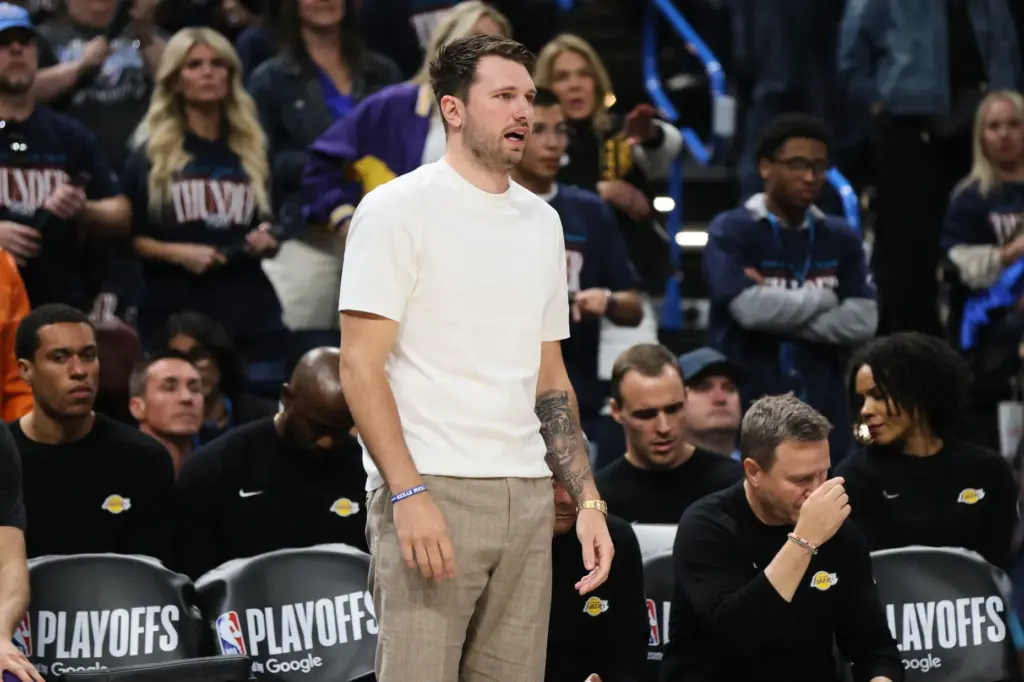 Los Angeles Lakers’ Luka Doncic watches play against the Oklahoma...