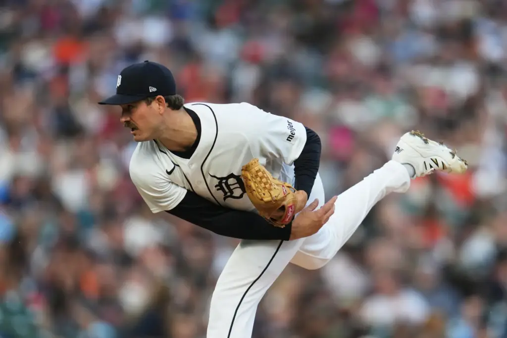 Detroit Tigers relief pitcher Drew Anderson throws to the plate...