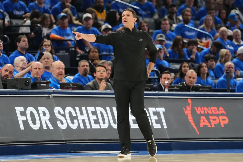 Oklahoma City Thunder head coach Mark Daigneault reacts to a...