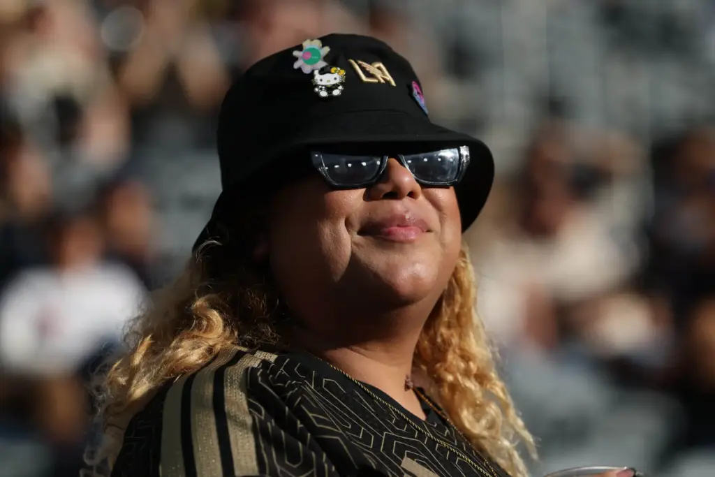 A LAFC fan looks on during the first half of...
