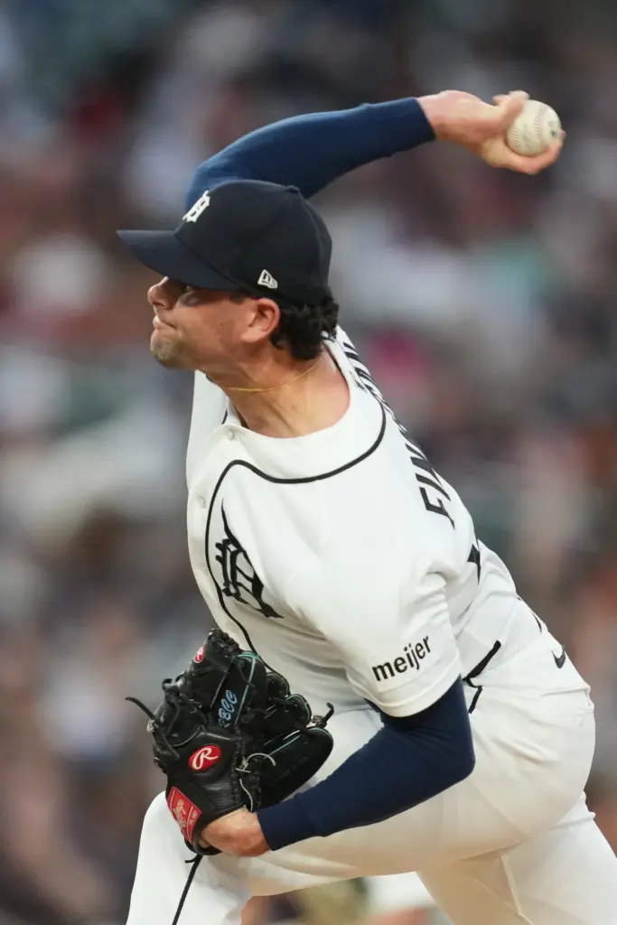 Detroit Tigers relief pitcher Kyle Finnegan throws to the plate...
