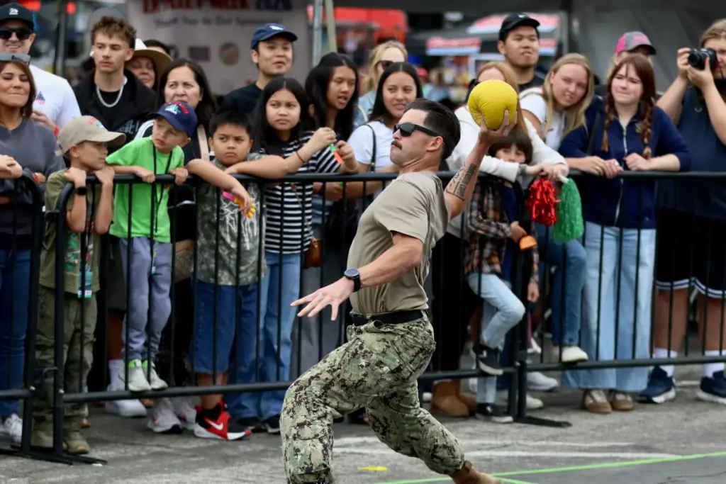 Players compete in the military dodgeball tournament on Sunday, May...