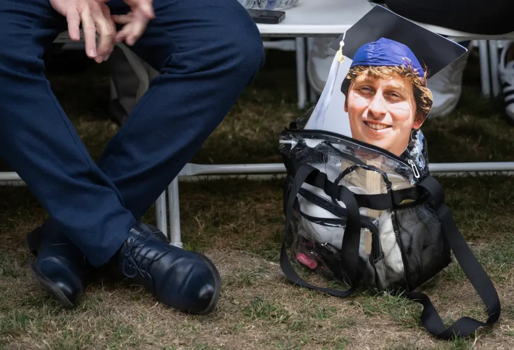 A cutout of Cal State Fullerton student Jacob Marsh’s head...