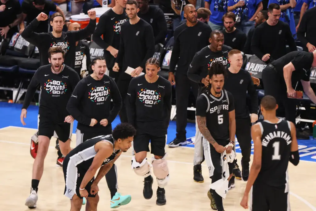 The San Antonio Spurs reacts as a timeout is called...