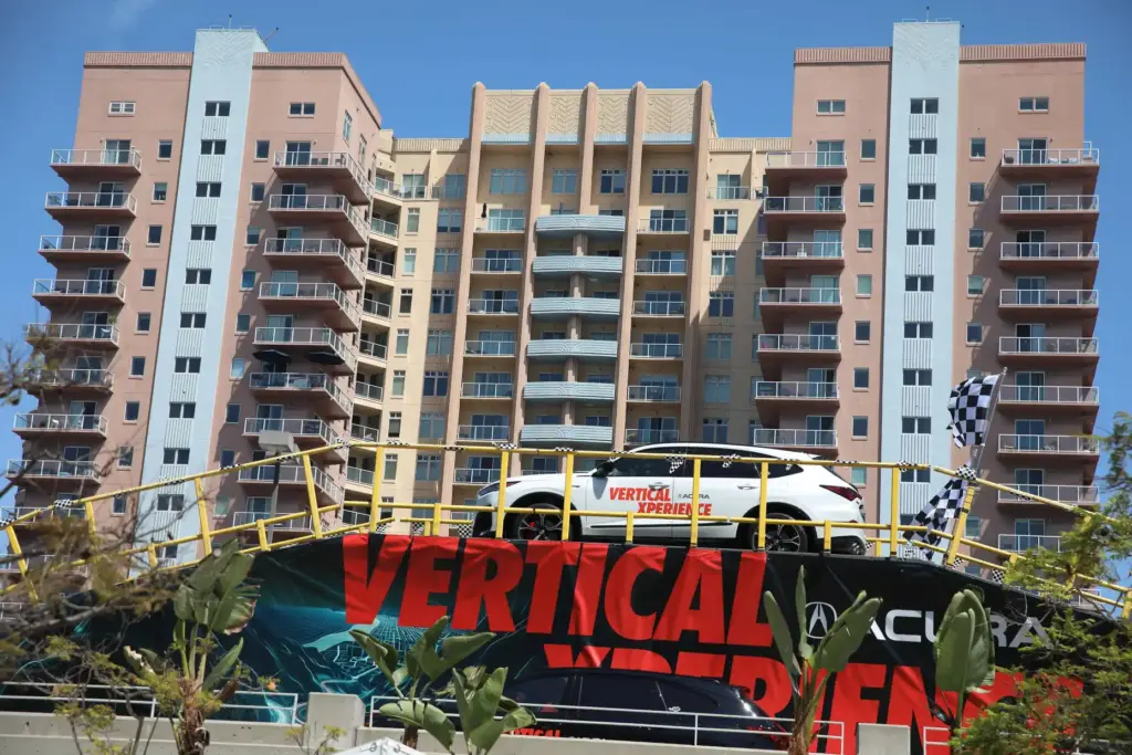An interactive Acura experience sits on top of a parking...