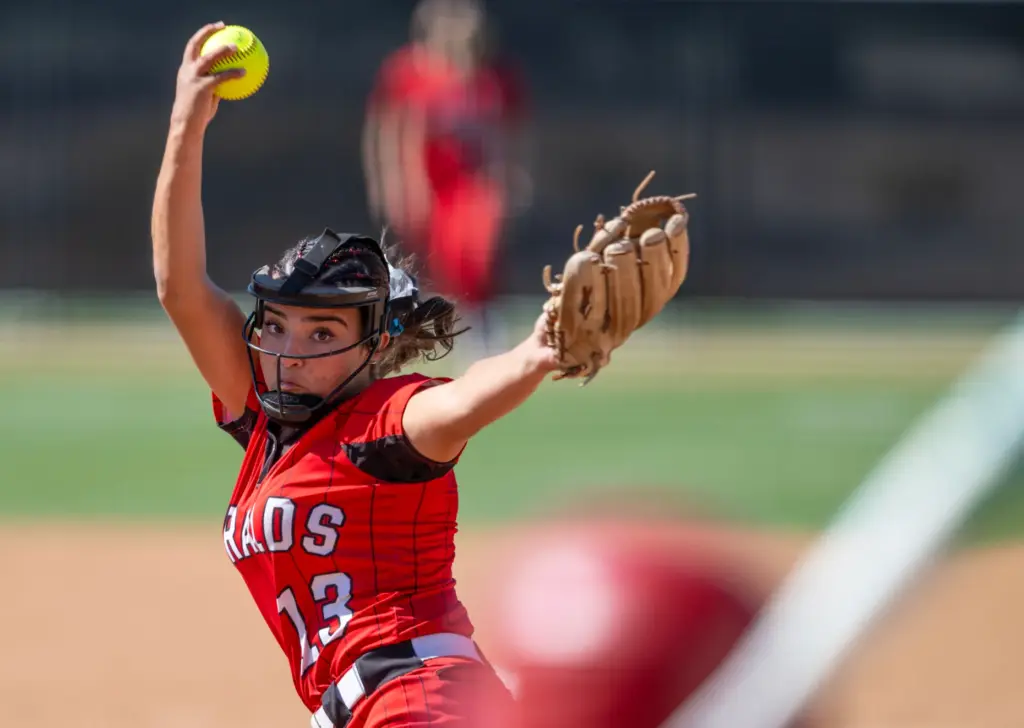 Whittier Christian pitcher Sofia Gonzalez throws to home plate during...
