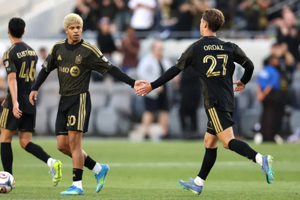 LAFC forward David MartÃ­nez, left, congratulates Los Angeles FC forward...